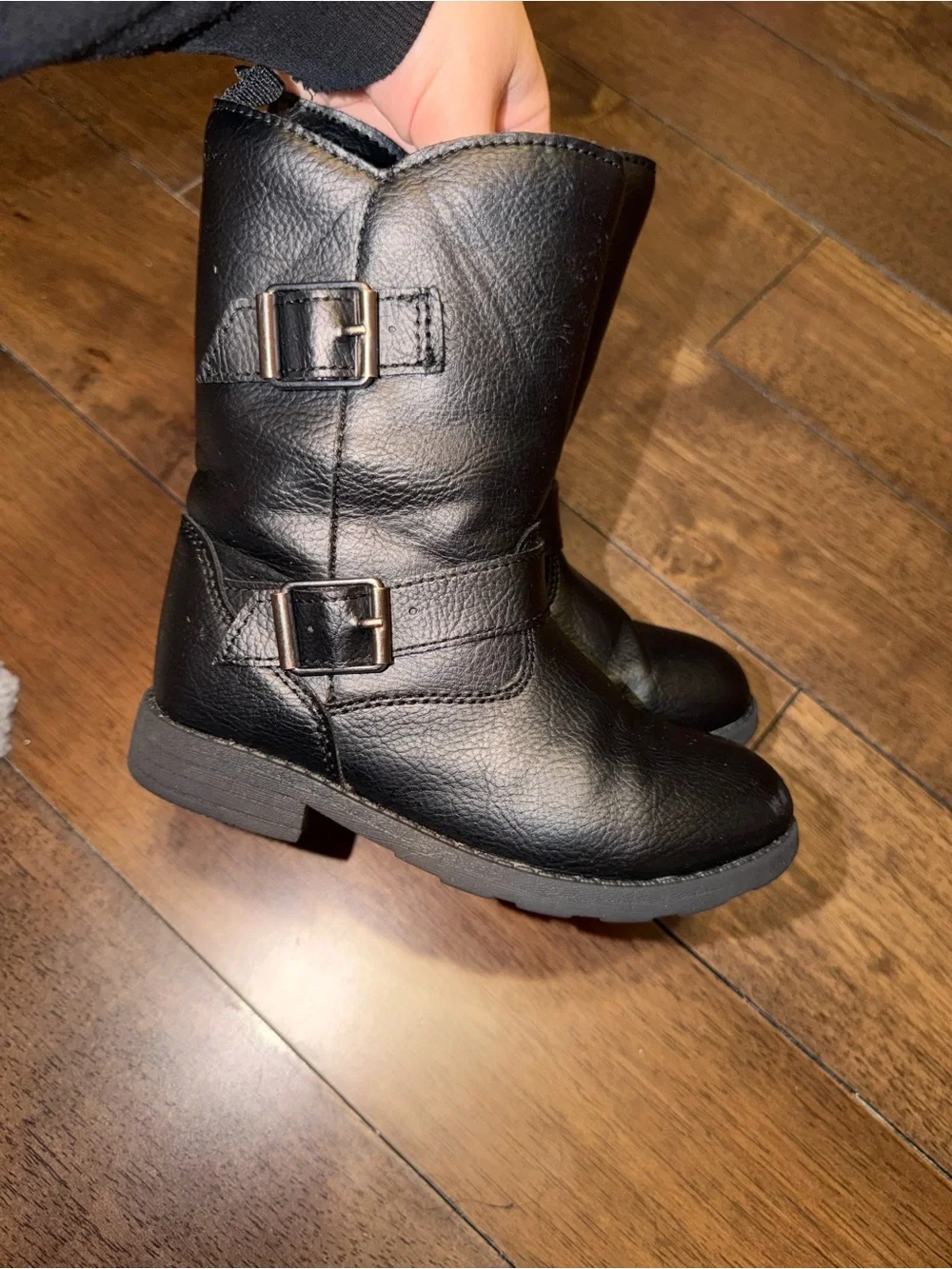Black Buckle Mid-Calf Leather Boots